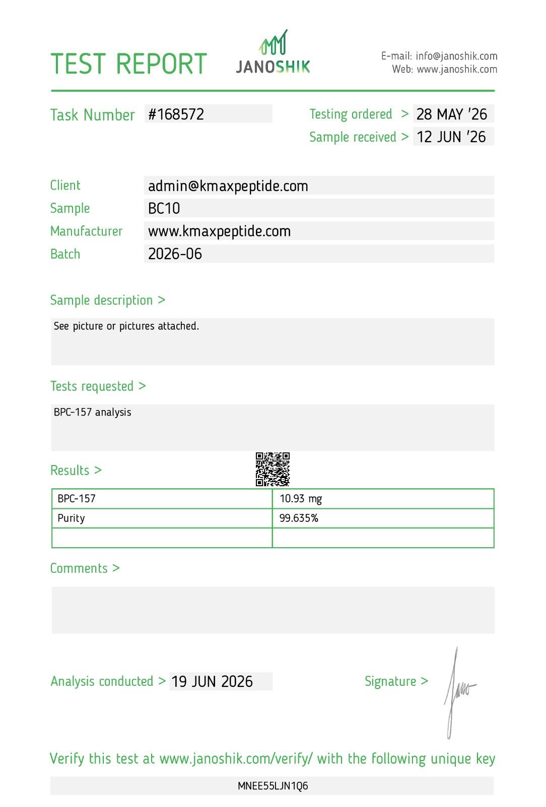 Certificate of Analysis for BPC-157 10mg