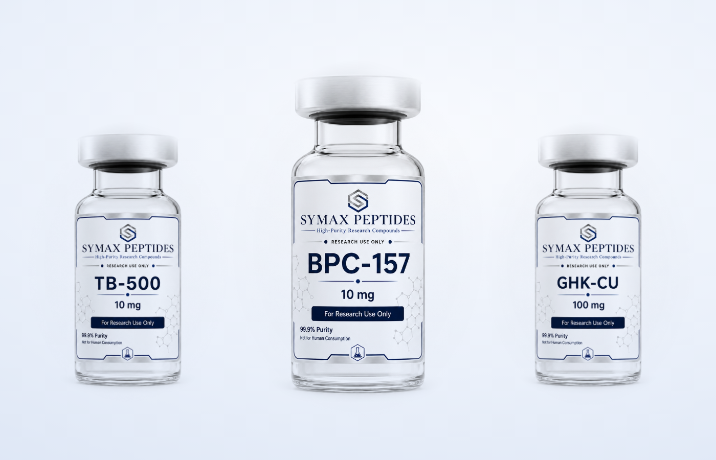 BPC-157, TB-500 and GHK-Cu research peptide vials